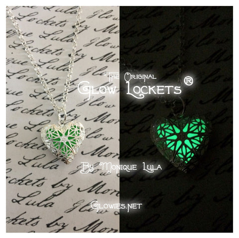 Green Heart Glow Locket ® Silver Plated Filigree