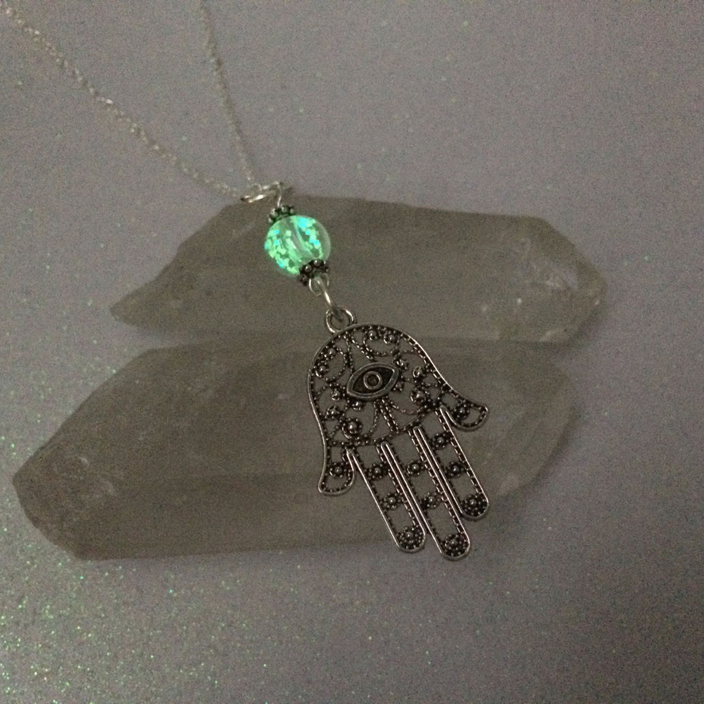 Hamsa Hand Glow Glass Necklace