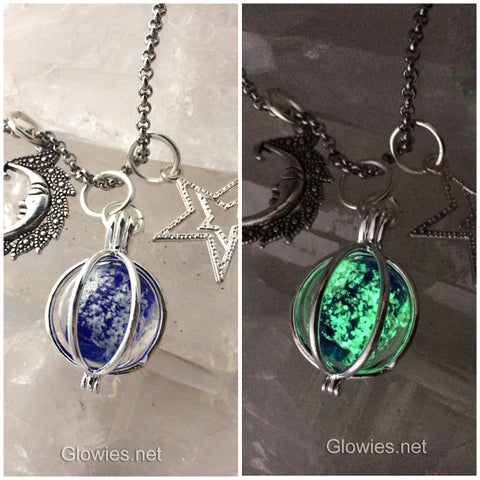 Moon & Stars Glowing Orb Charm Galaxy Glow Glass Necklace