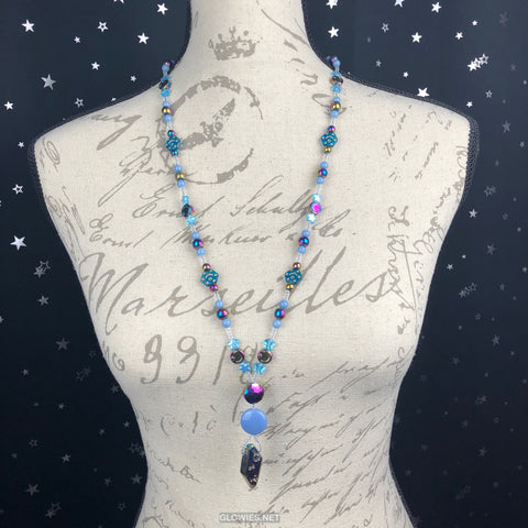 Rainbow Hematite and Quartz Moon and Star Long Beaded Necklace
