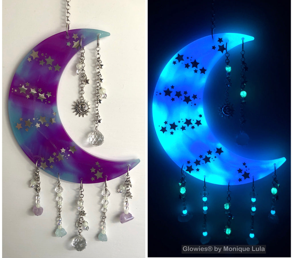 Glowie Beaded Decor Moon Purple Blue Silver Stars Quartz