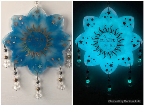 Sun Moon and Stars Blue Glowie Decor Suncatcher