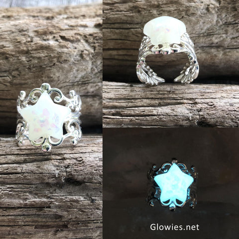 White Opal Glow Star Silver Plated Adjustable Ring