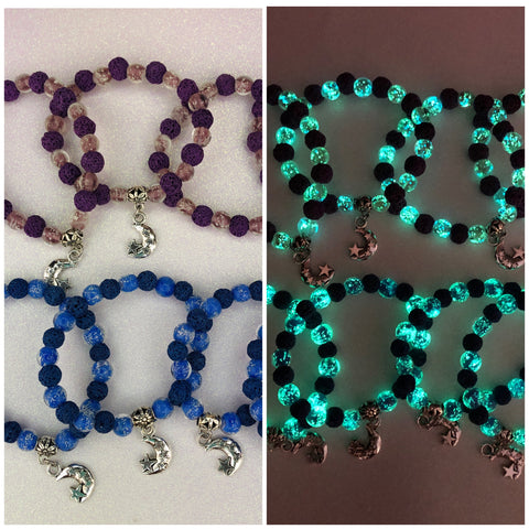 Moon and Star Charm Galaxy Glow Aromatherapy LavaI  Beaded Stretch Bracelet