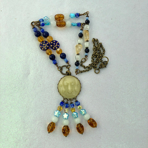 Triple Moon Goddess and Stars Long Necklace