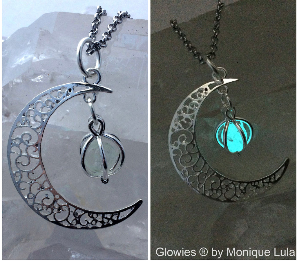 Handmade Space-Age Silver & Glass Glow in the Dark Moon Necklace – Hypnovamp