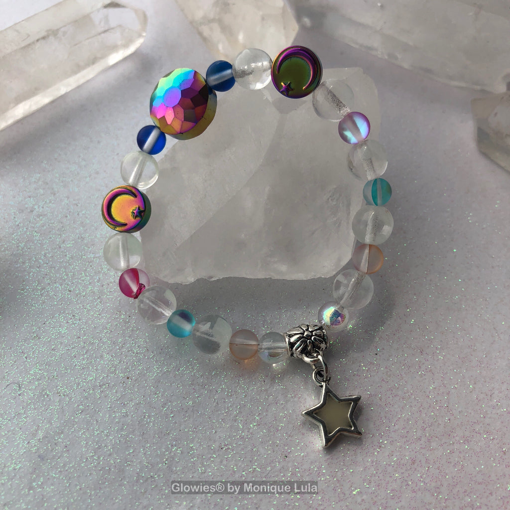 Midnight Mystic Moon Rainbow Quartz and Glass Beaded Glow in the Dark Bracelet