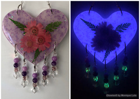 Glowie Decor Heart Beaded Suncatcher Lavendar Opal Pink Daisies with Jade and Amethyst