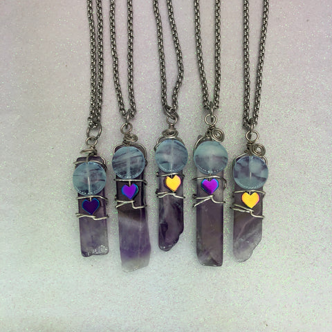 Amethyst Gemstone Spike with Rainbow Hematite Heart Wire Wrapped Glowie Beaded Pendant Necklace