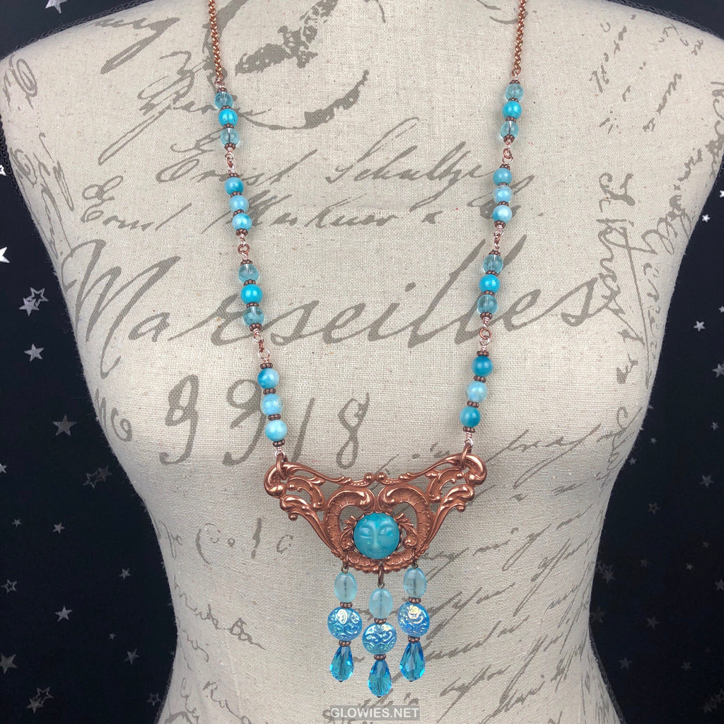 Rose Gold and Larimar Vintage Scroll Goddess Face Long Beaded Glowing Necklace