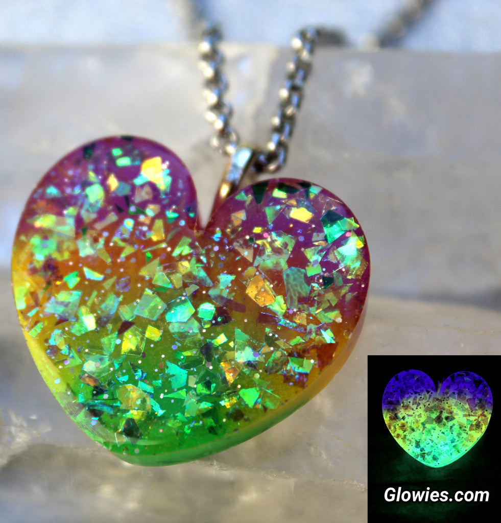 Glowies Glow Jewelry Art & Decor - Mardi Gras Opal Glow in the dark Heart  Necklace