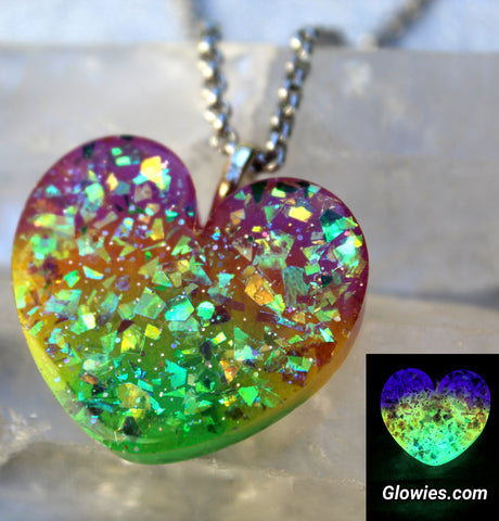 Mardi Gras Opal Glow in the dark Heart Necklace