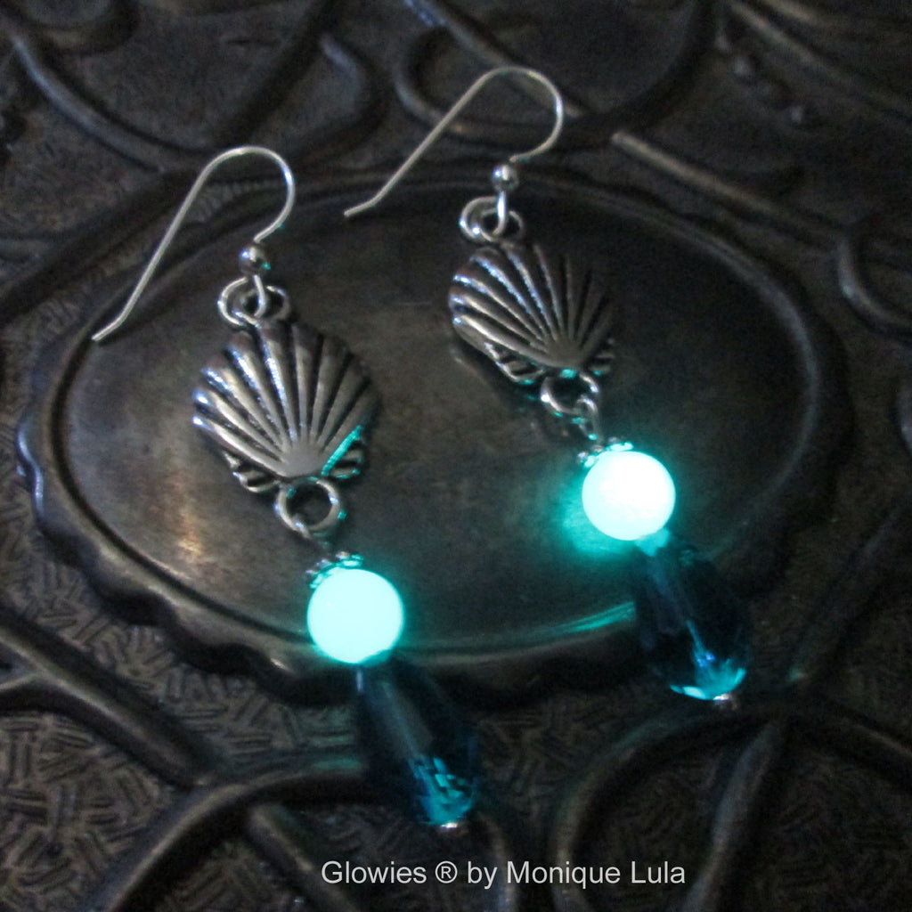 Shell Earrings with Glow Glass orbs & Blue Teardrops
