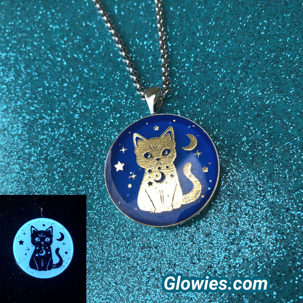 Moon Cat Space Kitty Glow in the dark Necklace