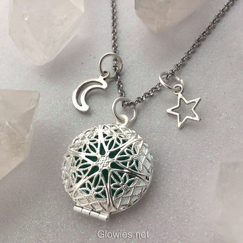 Moon and Star Necklace Glow Locket® Silver Vintage Filigree