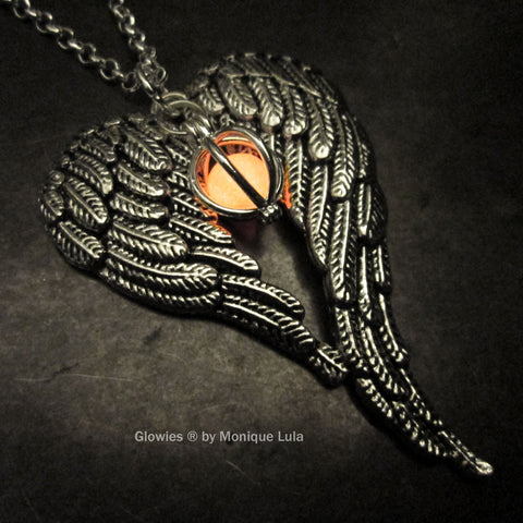 Pink Angel Wings Heart with Glow Orb Necklace