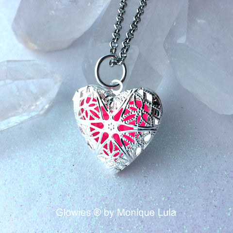 Pink Heart Glow Locket ® Silver Plated Filigree