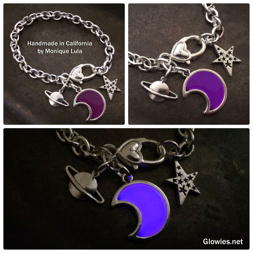 Glowing Crescent Moon Outer Space Link Charm Bracelet