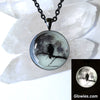 Black Raven in Tree with Real Full Moon Glow Necklace