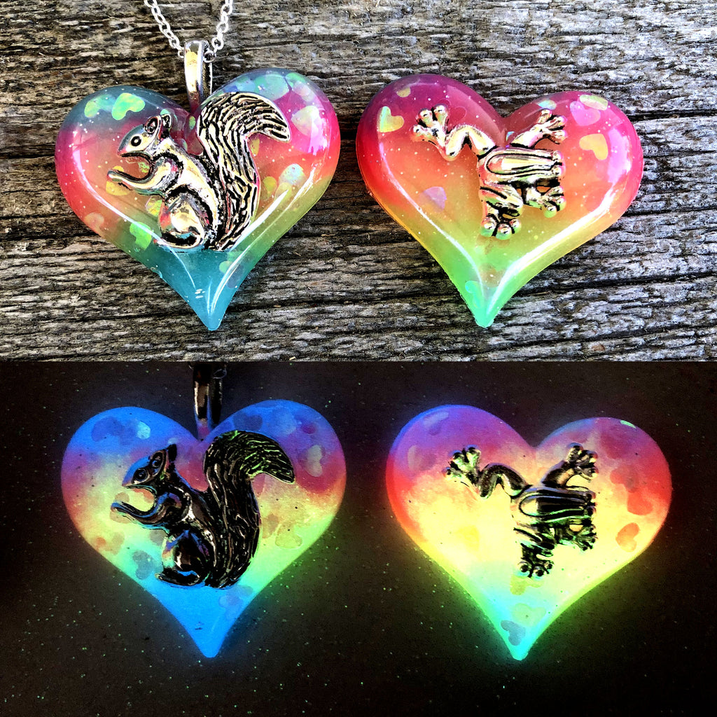 Rainbow Glow Heart Necklaces - Squirrel & Frog