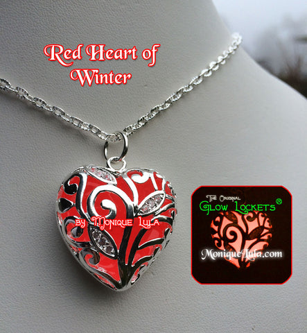 Red Heart of Winter Frozen Forest Glowing Necklace