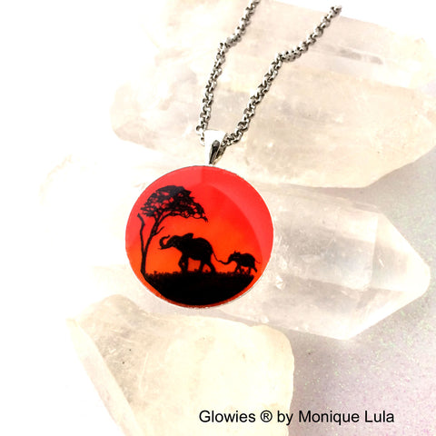 Elephant Sunset Safari Art Glow Necklace