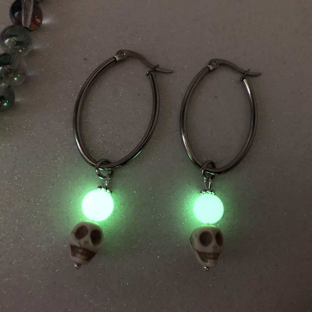 Stainless Steel Skull Glow Orb Hoop Earrings