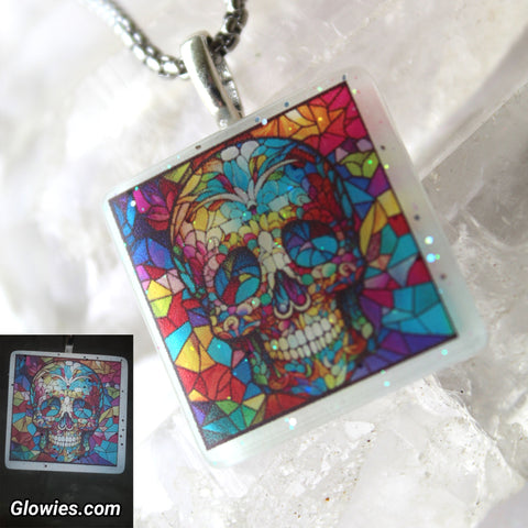 Skull Art Stained Glass Style Square Glow in the dark necklace
