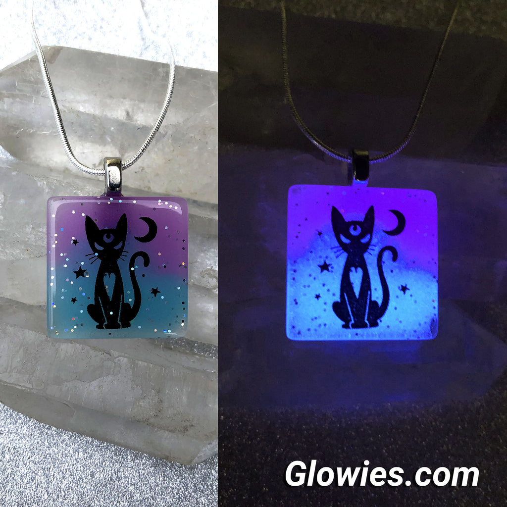 Square Moon Kitty Cat Glow in the dark Necklace