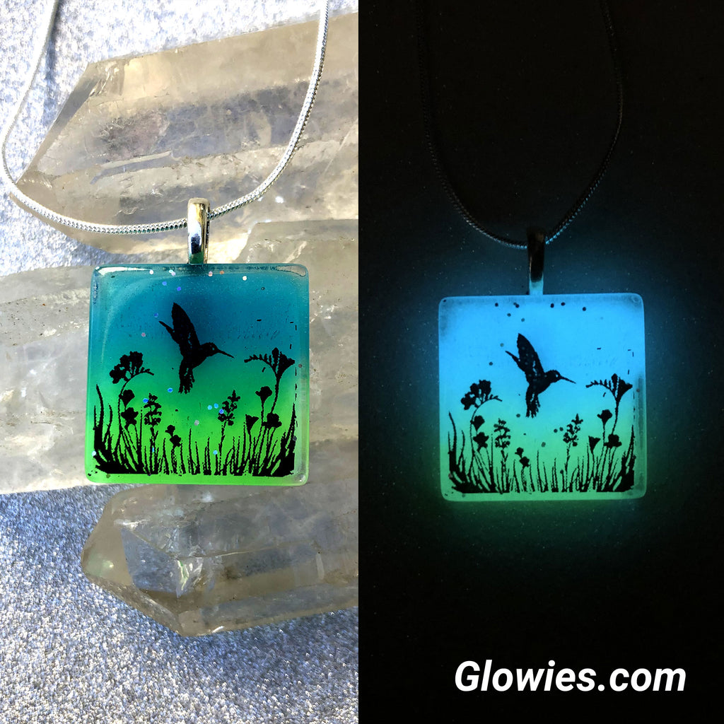 Hummingbirds Square Glow in the dark Necklace