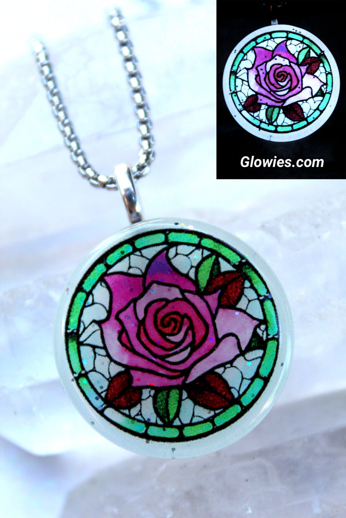 Stained Glass Rose Round Glow in the Dark Necklace