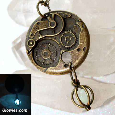 Steampunk Gears Glow Orb Locket Glowie Pendant Bronze