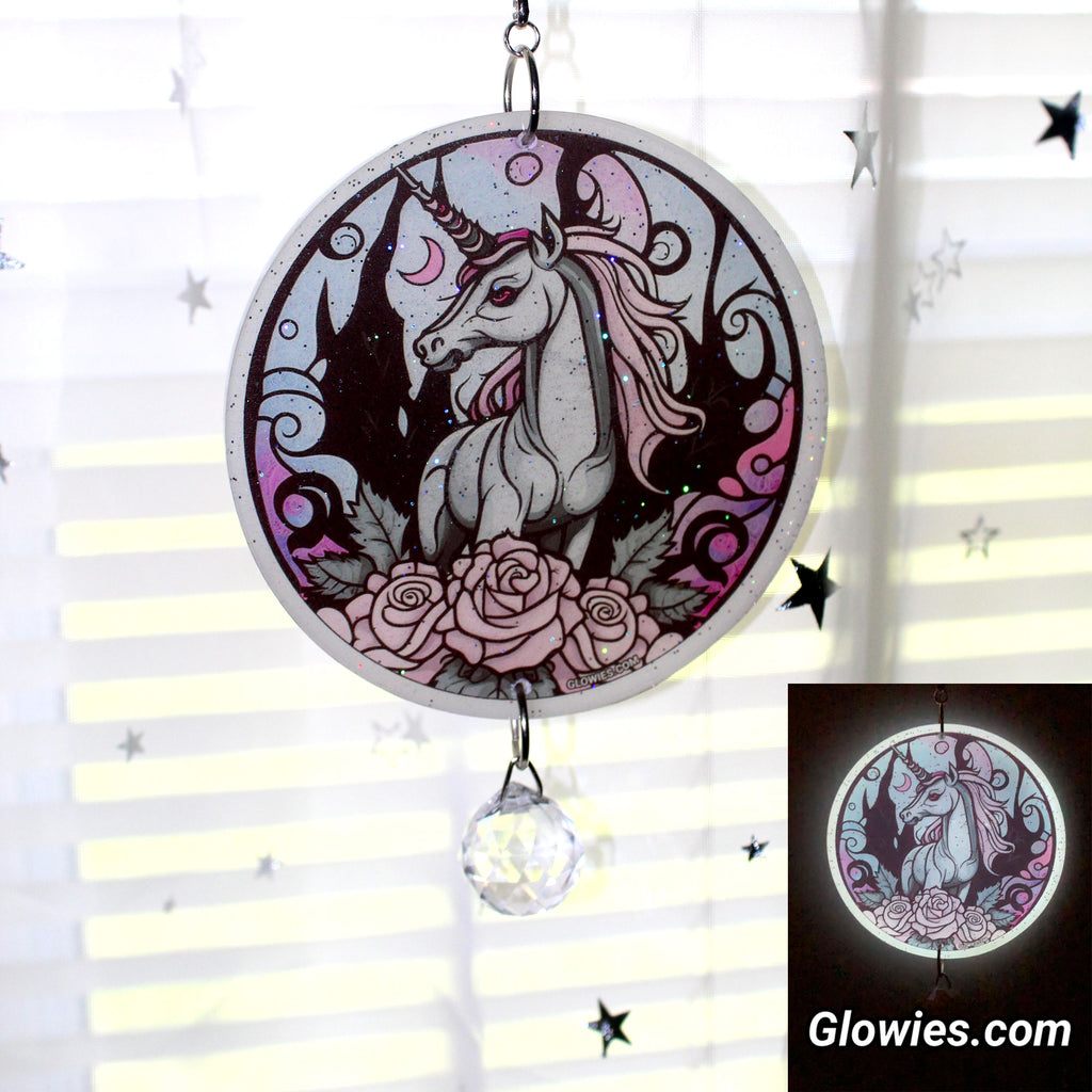 Glowies Glow Jewelry Art & Decor - Pastel Goth Unicorn Glow Sun Catcher  with Crystal