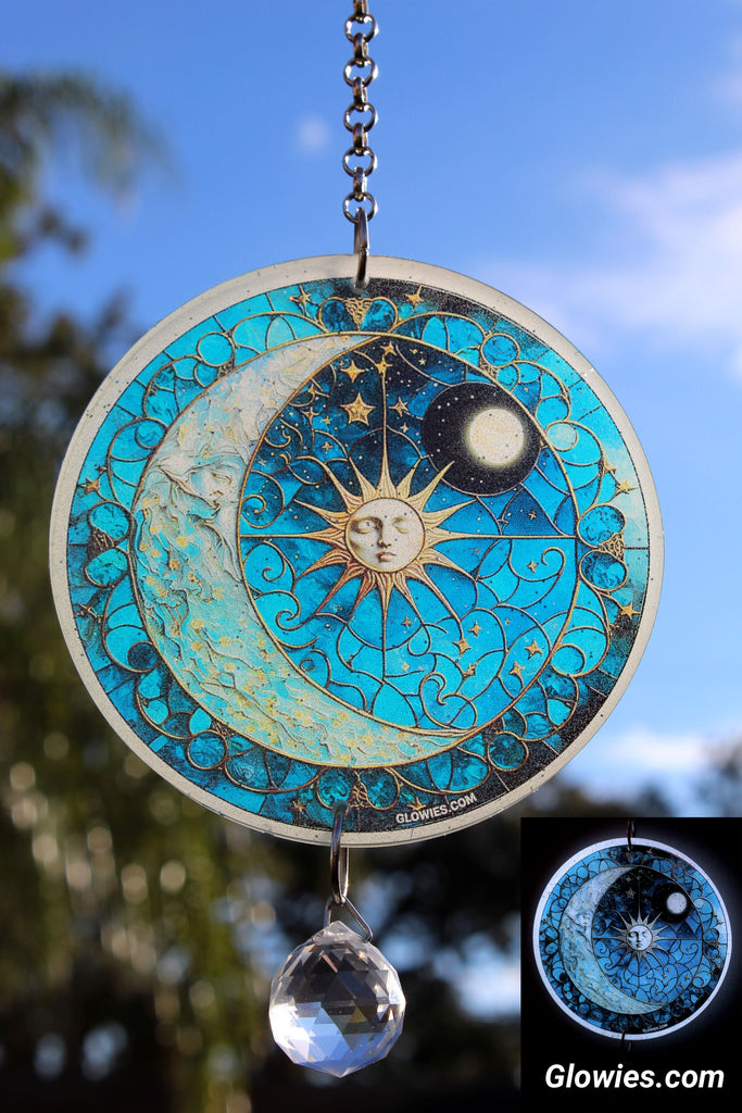 Glowies Glow Jewelry Art & Decor - '90s Celestial Moon & Sun Glow Sun  Catcher with Crystal