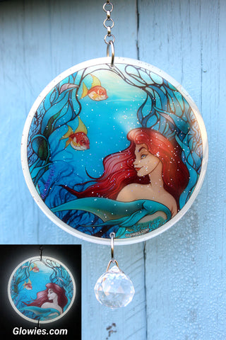 Mermaid Princess With Red Hair Glow Sun Catcher with Crystal
