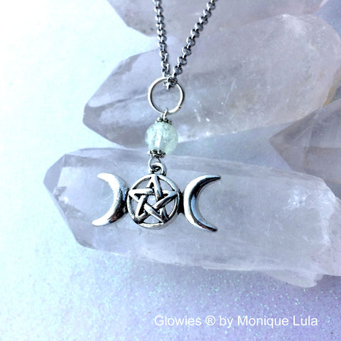 Triple Moon Pentacle Glow Glass Necklace