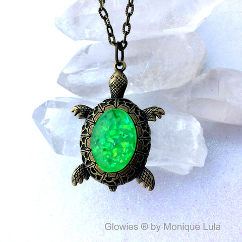 Turtle with Glow Glass Oval Shell Necklace