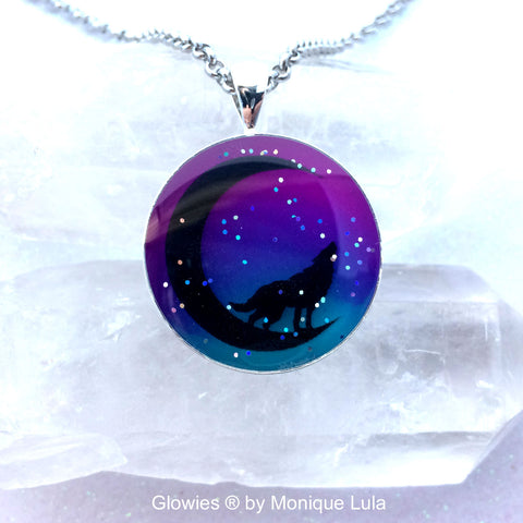 Howling Wolf on the Moon Glow Art Necklace