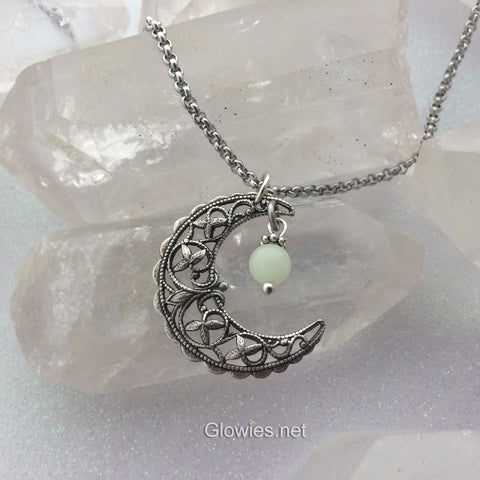 Vintage Crescent Moon Glowing Orb Necklace